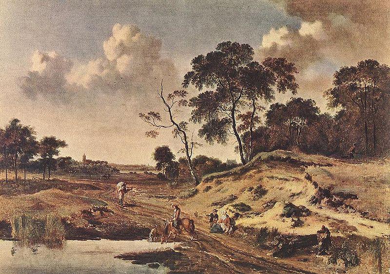 Jan Wijnants Landschap met reizigers op een weg langs een watertje France oil painting art